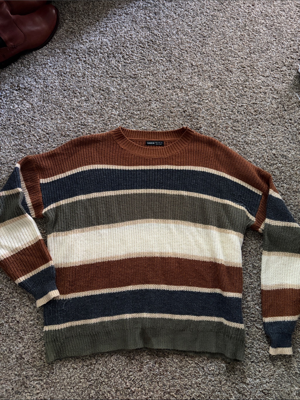 Shein Striped Crewneck Sweater In Brown, Olive & Cream